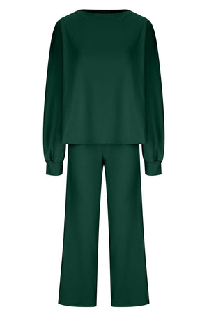 Wide-leg lounge set in Black Forest with balloon sleeves and crew neck top.