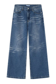 Wide-leg distressed denim jeans in medium wash with whiskering details.