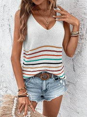 Chic striped knit vest with V-neck and colorful horizontal stripes.
