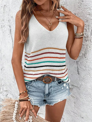 Chic striped knit vest with V-neck and colorful horizontal stripes.