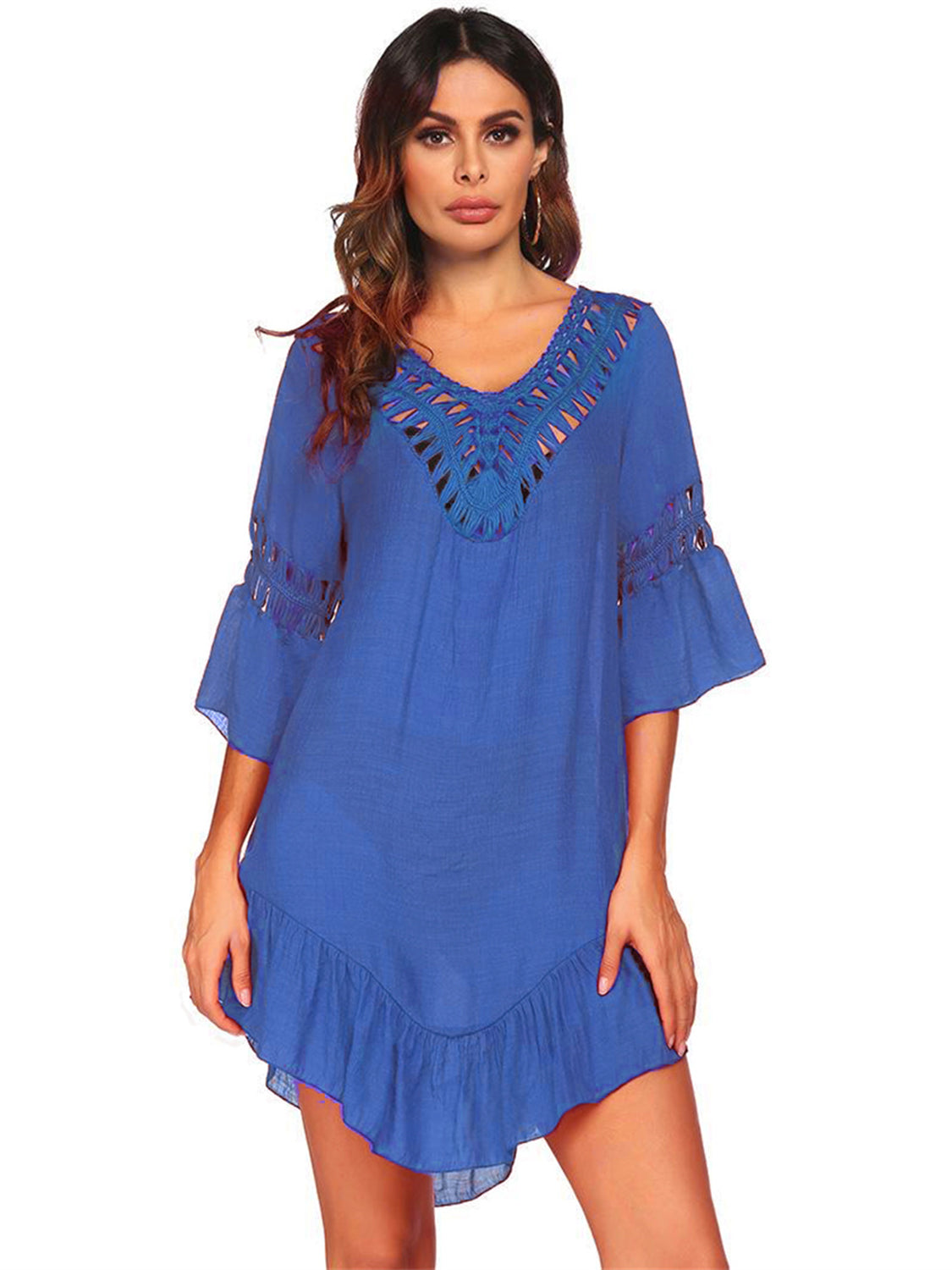 Royal blue cover-up with lace trim neckline and sleeves, V-neck, 3/4 sleeves, ruffled hem.