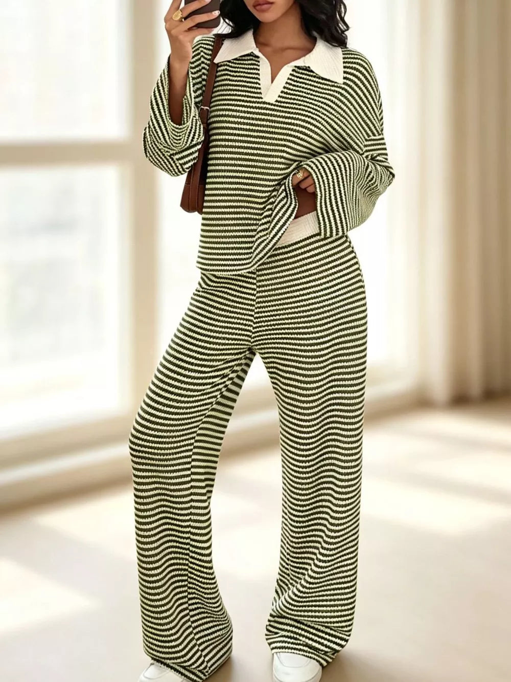 Striped Long Sleeve Polo And Wide-leg Pants Set in Green, view 11