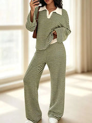 Striped Long Sleeve Polo And Wide-leg Pants Set in Green, view 11
