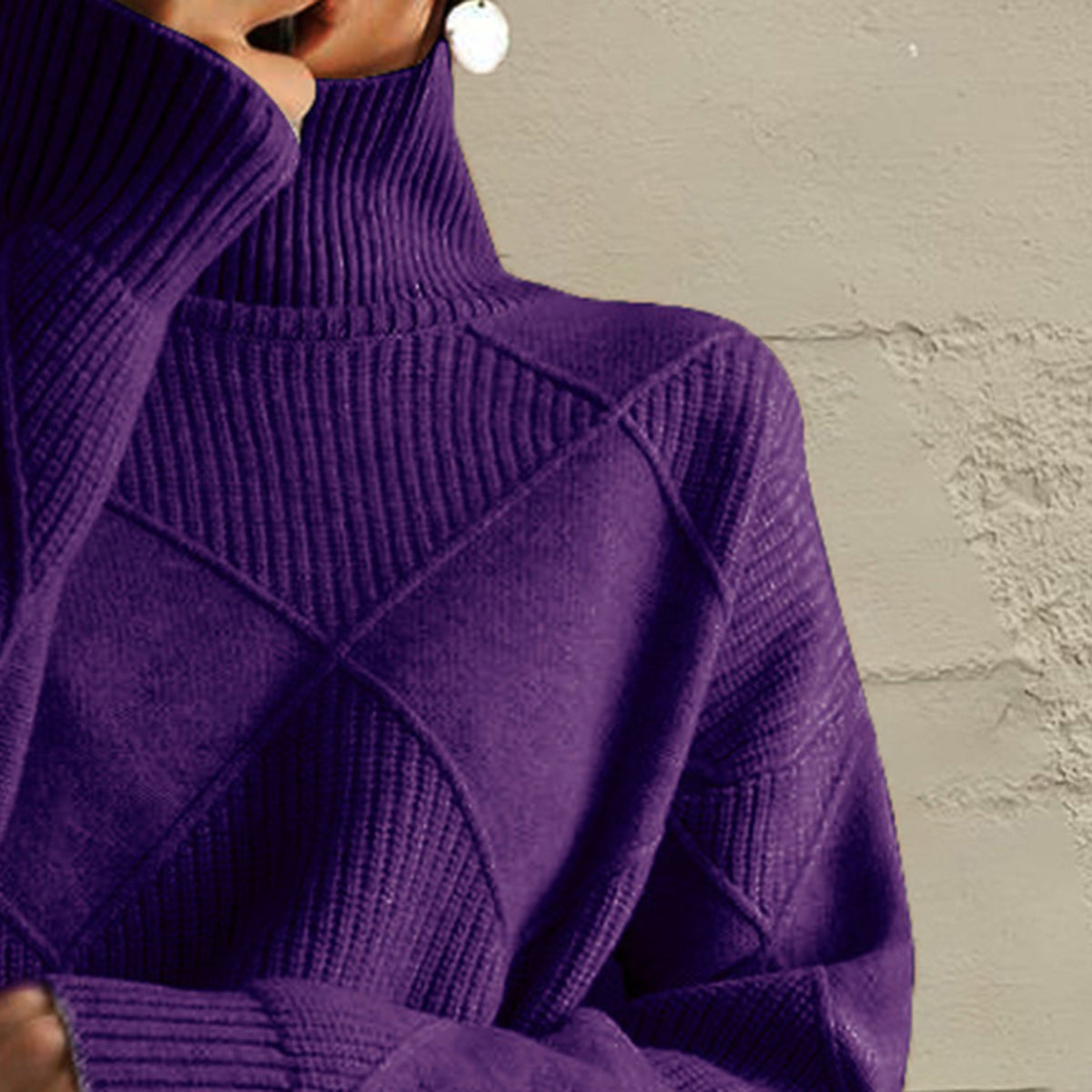Deep Purple turtleneck sweater with diamond knit texture and ribbed details.