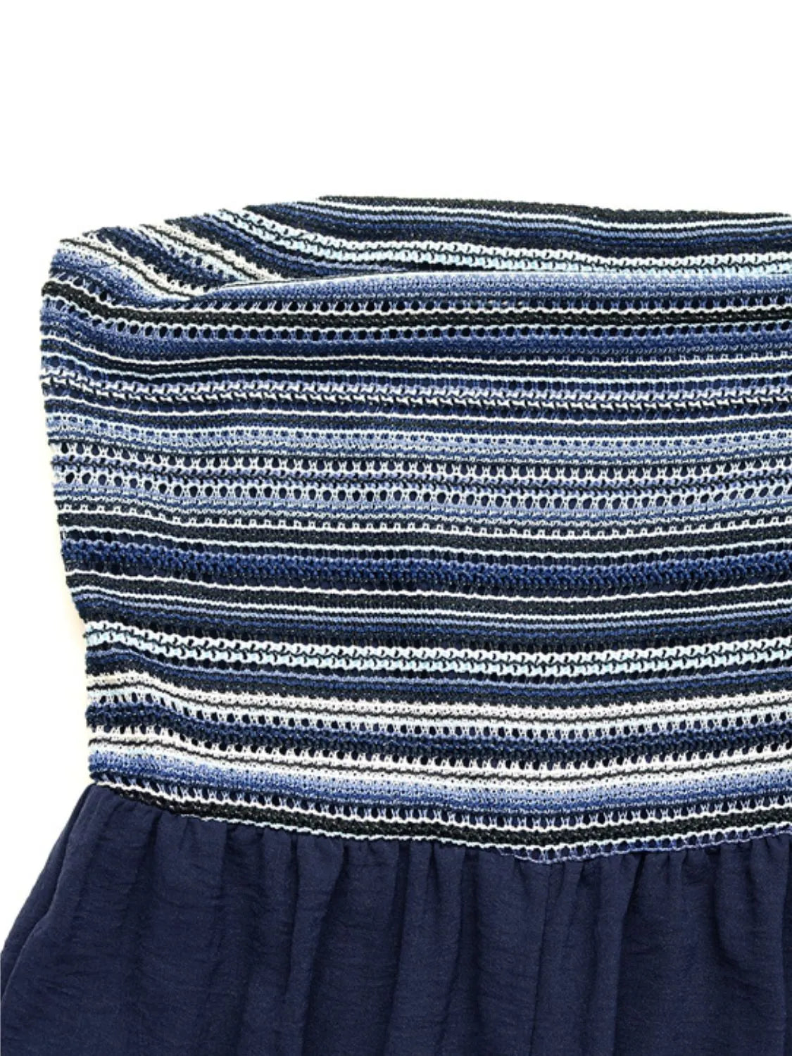 Dark blue striped bandeau palazzo jumpsuit with crochet detail and flowing fabric