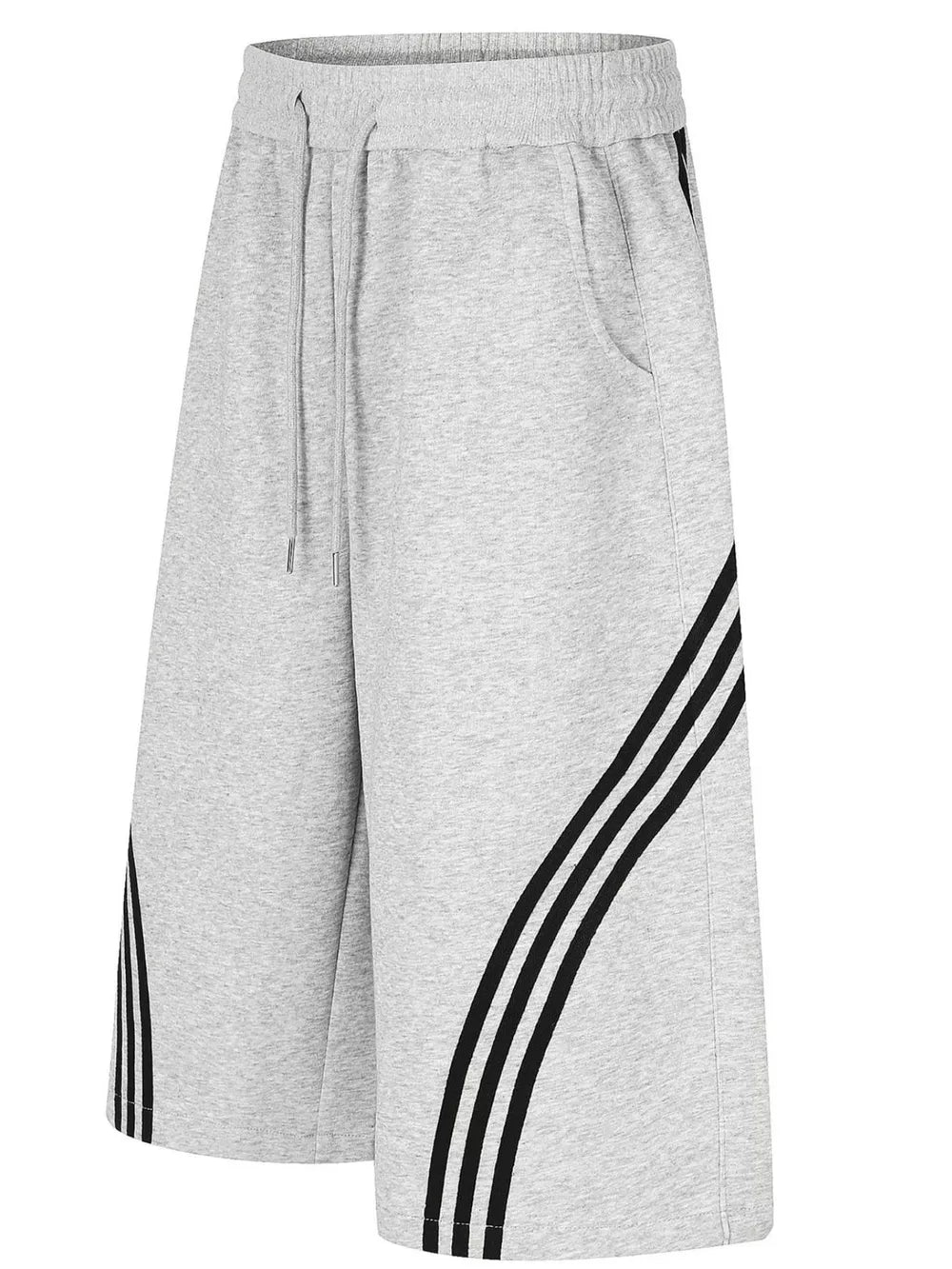 Gray wide-leg cropped sweatpants with black side stripes and drawstring waist.