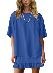 Sapphire blue relaxed fit tee and ruffled skirt set with crew neck and short sleeves.
