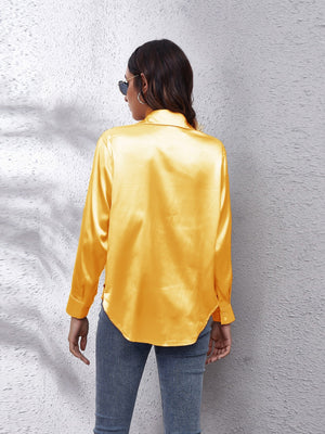Mustard satin finish button-up shirt with effortless drape and button cuffs.