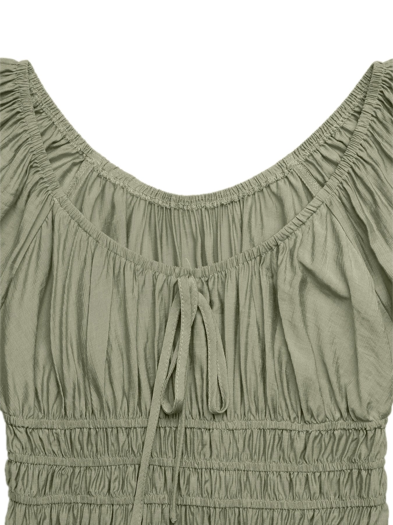 Olive green smocked waist maxi dress with tie-front neckline and ruched bodice.