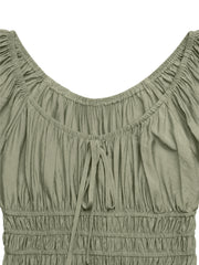 Olive green smocked waist maxi dress with tie-front neckline and ruched bodice.