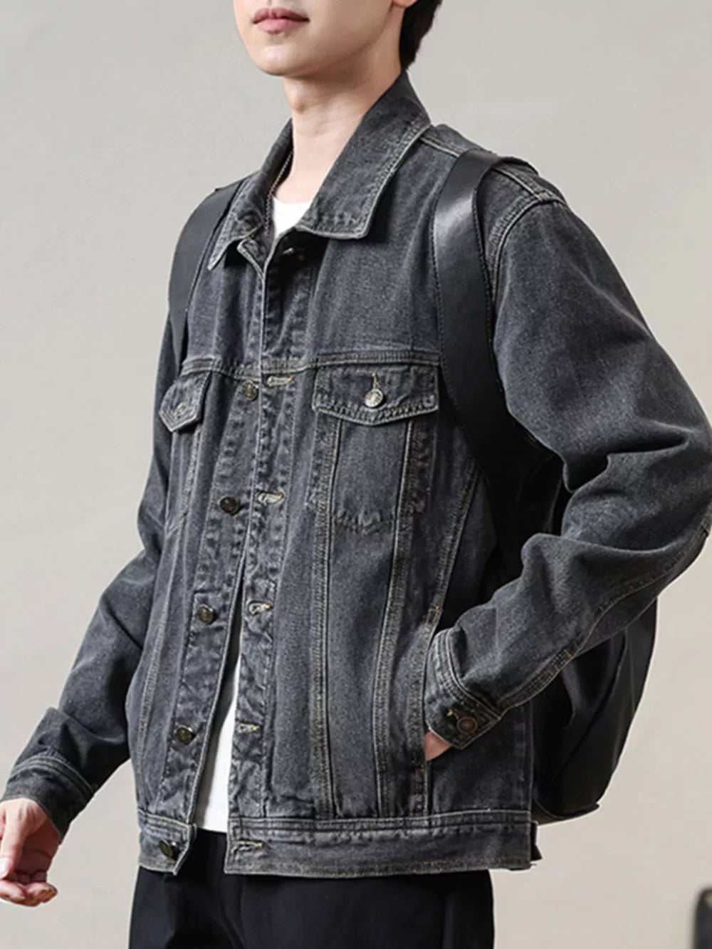 Men's Classic Washed Denim Jacket Plus Size in Dark Gray, side view