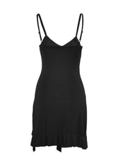 Black asymmetrical ruched mini dress with spaghetti straps and ruffled hem