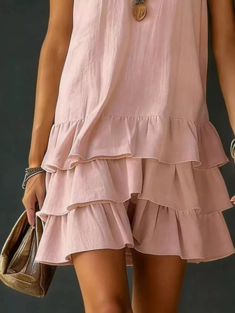 Pink tiered ruffled hem V-neck dress with a casual, airy style.