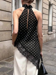 Polka Dot Lace Trim Asymmetrical Hem Sleeveless Blouse in Brown, close-up detail