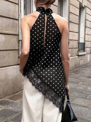 Polka Dot Lace Trim Asymmetrical Hem Sleeveless Blouse in Brown, close-up detail
