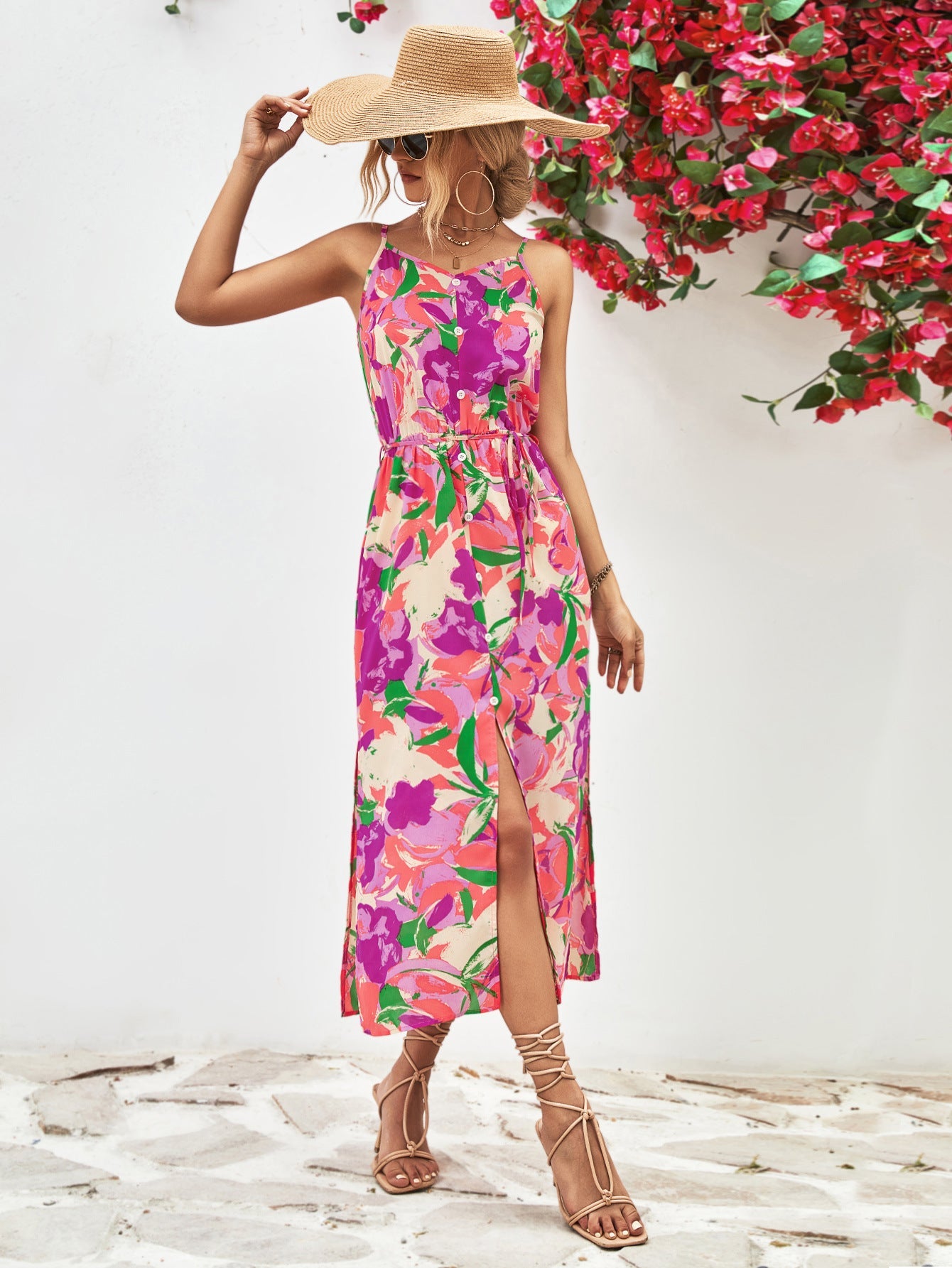 Floral print button-down midi dress with a tie waist and a high slit, in Red-Violet and Orange colors.