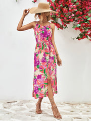 Floral print button-down midi dress with a tie waist and a high slit, in Red-Violet and Orange colors.