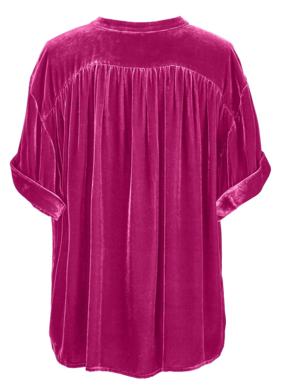 Velvet button-down top in cerise with mandarin collar and cuffed short sleeves.