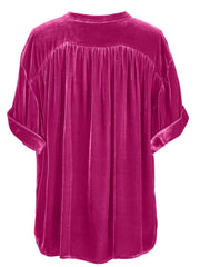 Velvet button-down top in cerise with mandarin collar and cuffed short sleeves.