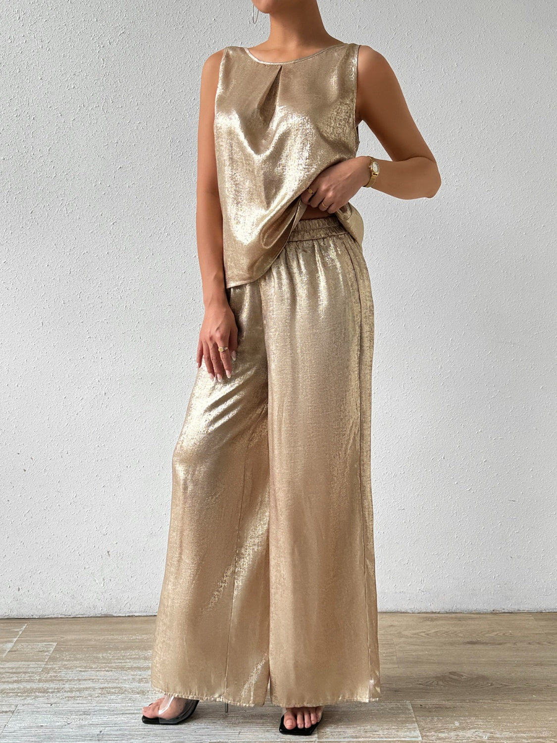 Camel metallic wide leg palazzo pants and sleeveless pleated top set