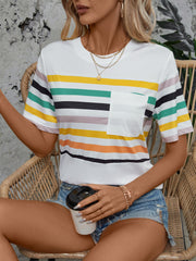 White t-shirt with rainbow stripes and a chest pocket.
