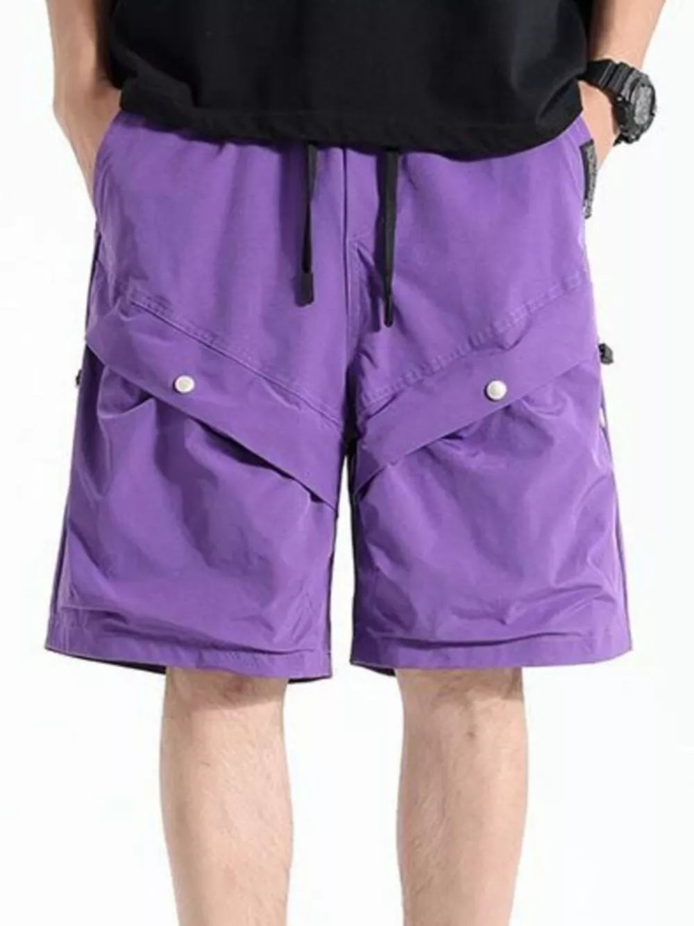 Purple relaxed fit cargo shorts with drawstring waist and button flap pockets.