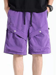 Purple relaxed fit cargo shorts with drawstring waist and button flap pockets.