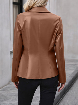 Brown faux leather double-breasted blazer with a classic collar and long sleeves.