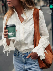 Embroidered Flounce Sleeve Shirt in White, front view