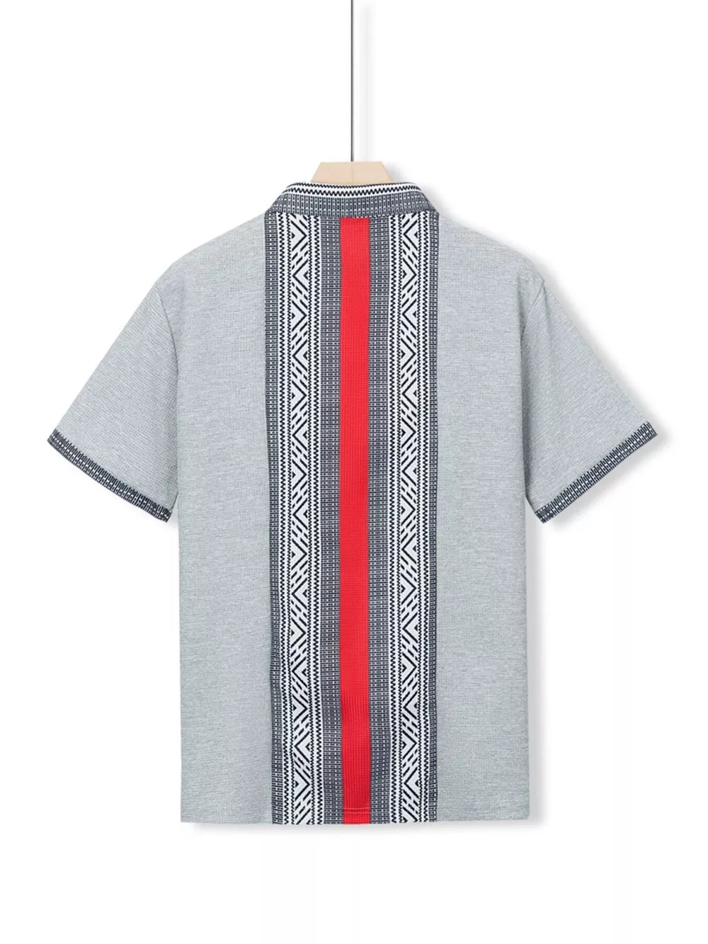 Men's gray short sleeve shirt with bold red and black geometric print panel.