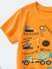 Orange cotton crew neck t-shirt with construction vehicle graphics and text.