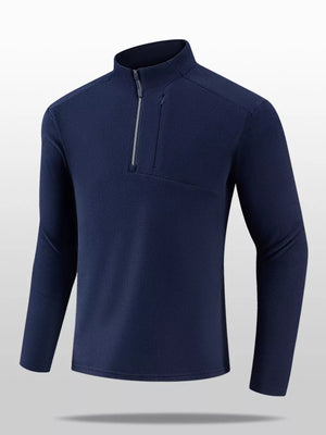 Navy fleece quarter-zip sweatshirt with a zippered chest pocket and stand-up collar.