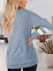 Misty Blue raglan t-shirt with white striped sleeves and a heathered texture.
