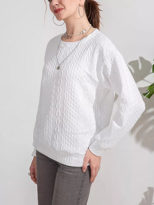 Textured Knit Crewneck Sweatshirt in White, model styling view