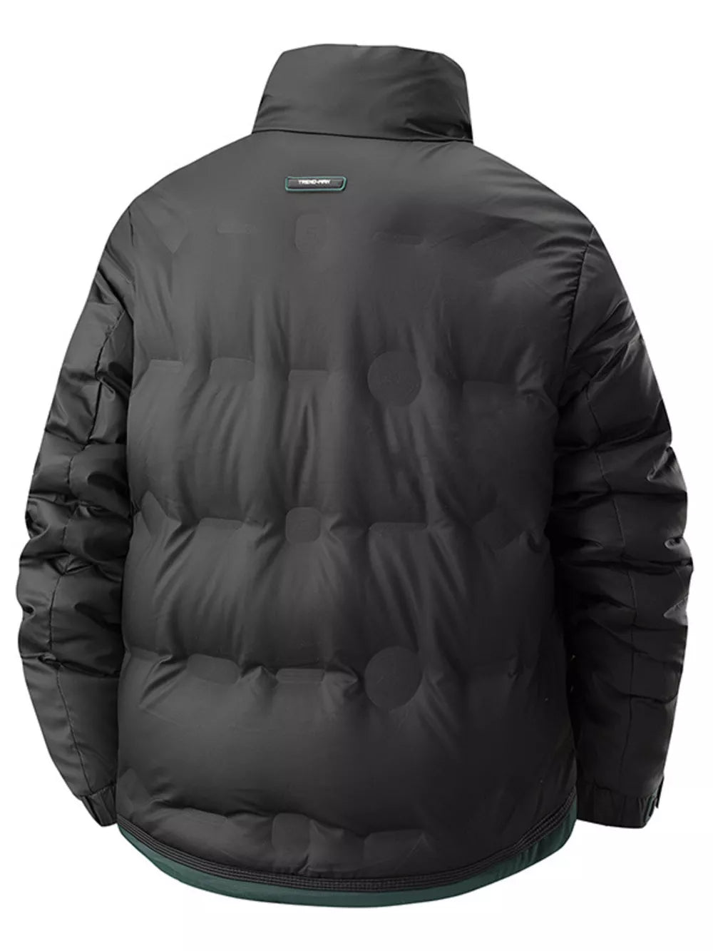 Black puffer jacket with subtle circular pattern and high collar.