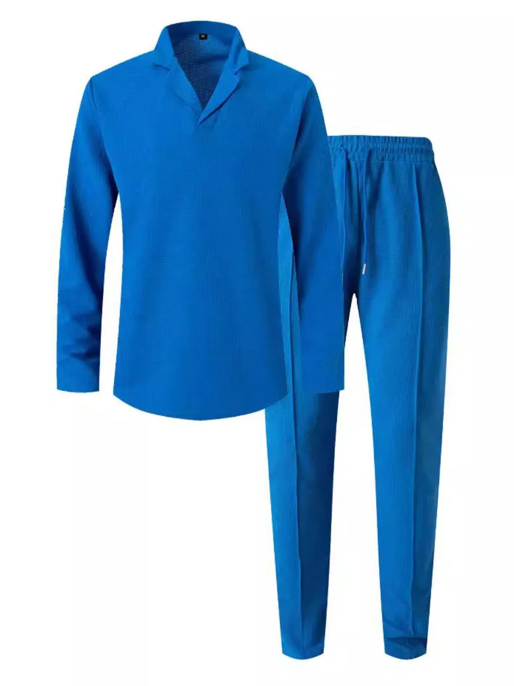 Blue textured collar long sleeve lounge set with drawstring pants
