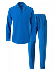 Blue textured collar long sleeve lounge set with drawstring pants