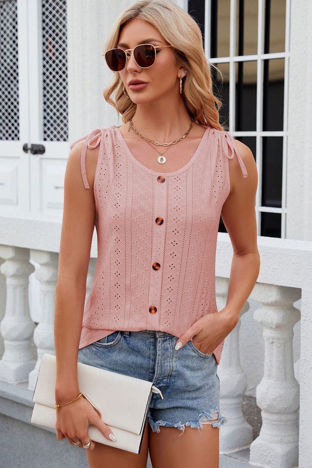 Blush pink eyelet button-down tank top with tie shoulders and scoop neck