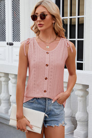 Blush pink eyelet button-down tank top with tie shoulders and scoop neck