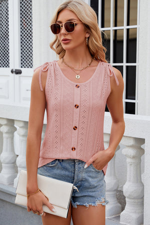 Blush pink eyelet button-down tank top with tie shoulders and scoop neck