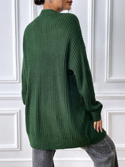 Ribbed knit cardigan in Black Forest acrylic with a relaxed fit and crew neckline.