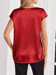 Red satin V-neck maternity shirt with short sleeves and a relaxed fit.