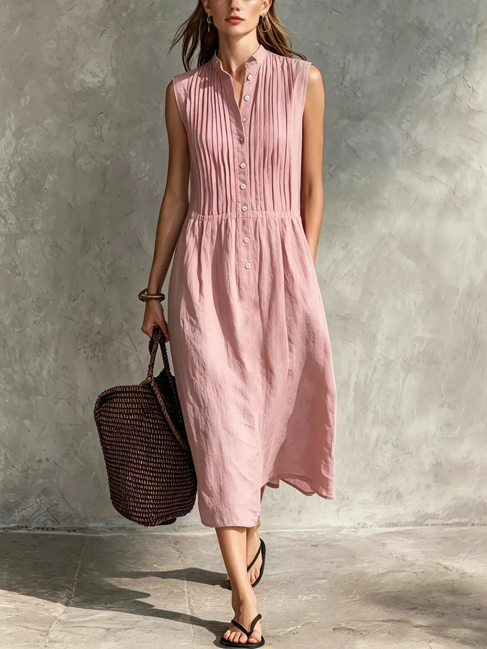 Sleeveless Button Front Midi Dress Plus Size, close-up detail