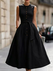 Sleeveless Button-front Belted Midi Dress Plus Size, fit detail
