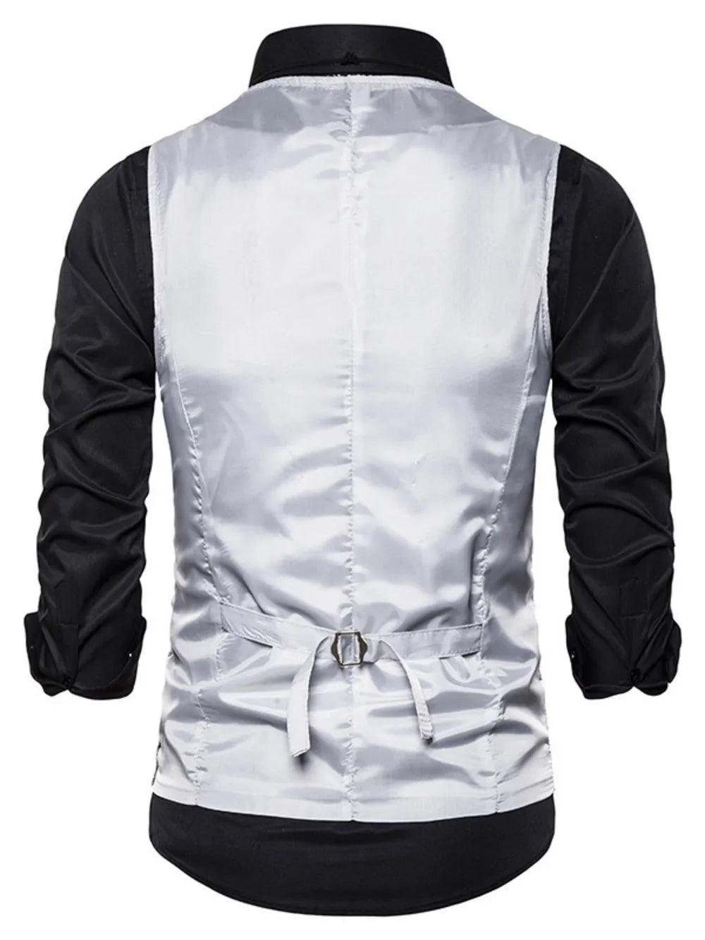 Silver sequin men's vest with adjustable back strap, worn over a black shirt.