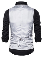 Silver sequin men's vest with adjustable back strap, worn over a black shirt.
