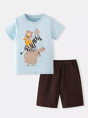 Baby boys light blue cotton tee with safari animals graphic and brown shorts.