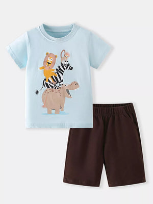 Baby boys light blue cotton tee with safari animals graphic and brown shorts.