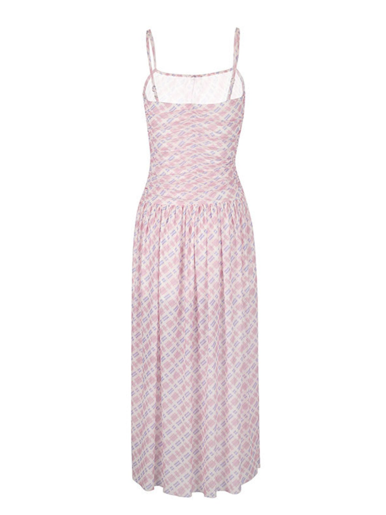 Ruched tied maxi dress in pink and purple plaid, with spaghetti straps and A-line cut.