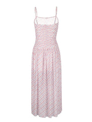 Ruched tied maxi dress in pink and purple plaid, with spaghetti straps and A-line cut.